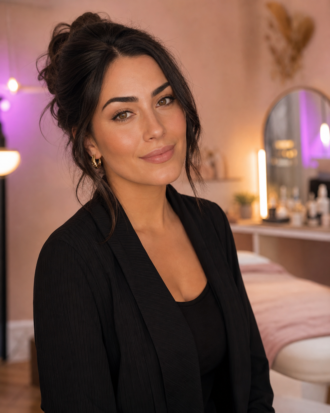 Portrait of a brow artist in a warm boutique studio