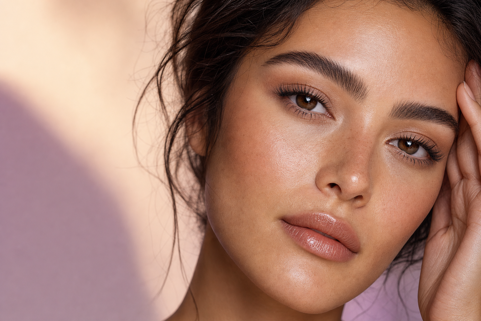 Close-up beauty portrait with sculpted brows and lifted lashes