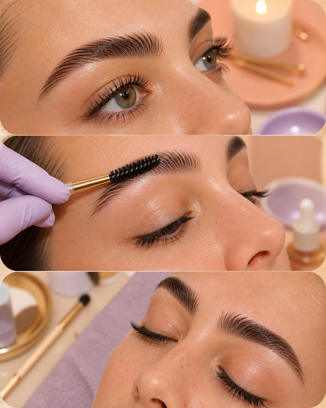 Brow and lash treatment close-ups with premium salon tools