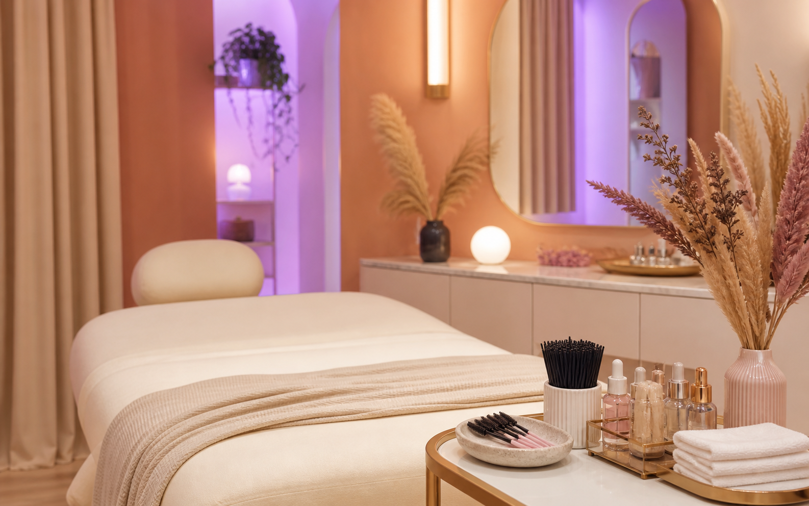 Warm brow studio treatment room with clean tools and product details