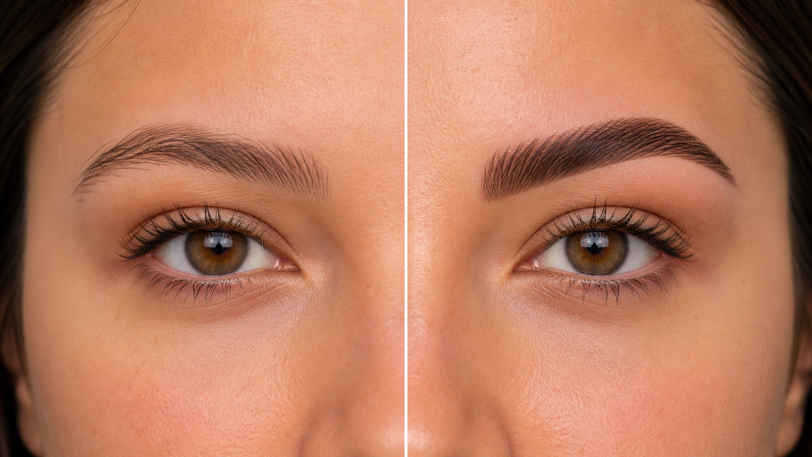 Before and after close-up of a brow transformation